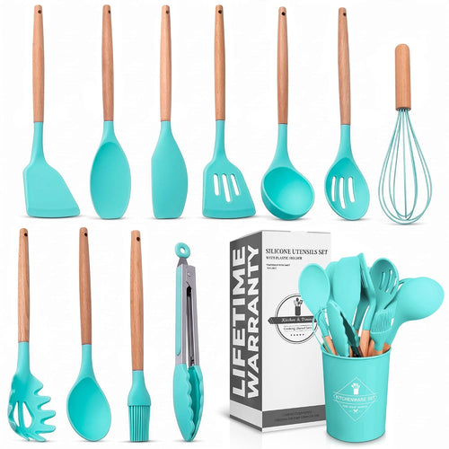 Kitchen Utensil Set with Holder, 12 pcs (Teal)