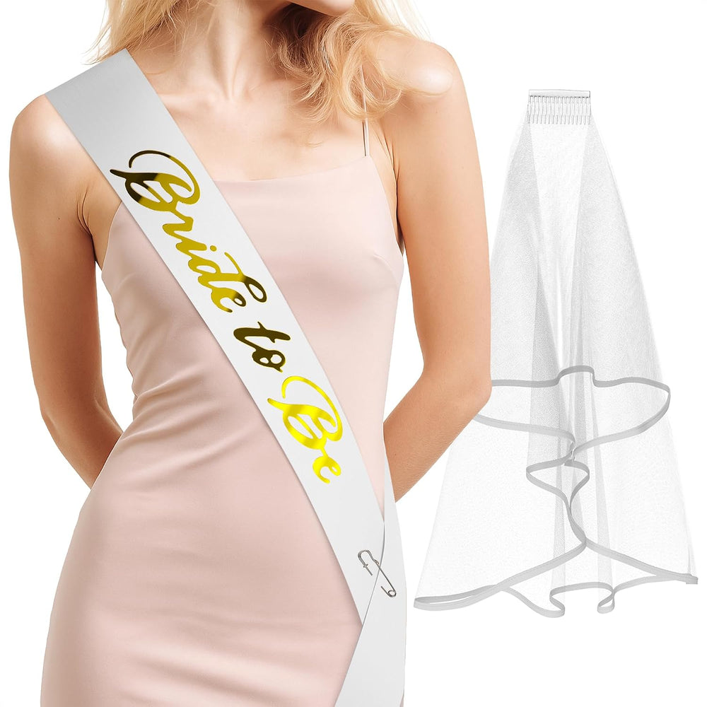 Bride to Be Sash & Veil (White & Gold)