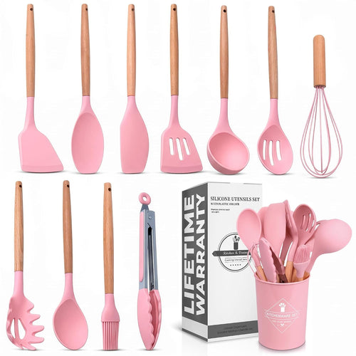 Kitchen Utensil Set with Holder, 12 pcs (Pink)