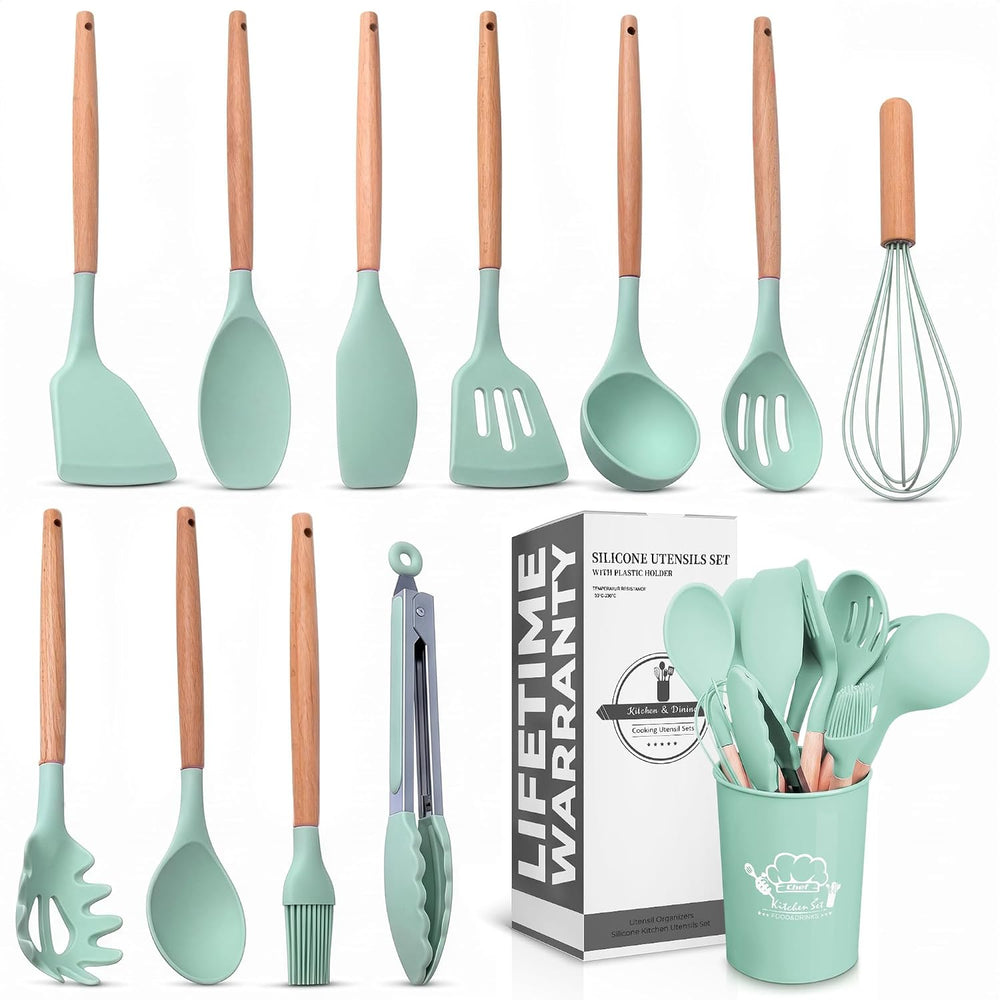 Kitchen Utensil Set with Holder, 12 pcs (Light Green)