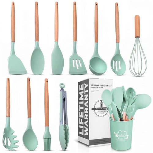 Kitchen Utensil Set with Holder, 12 pcs (Light Green)